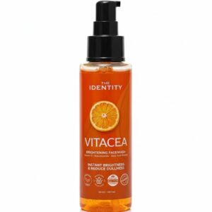 Vitacea Brightening Facewash by THE IDENTITY Vitamin C Brightening Facewash for Glow Tan Removal & Pigmentation Facewash – Vitacea Vitacea Facewash Front View – Brightening Cleanser Vitacea Glow Facewash for All Skin Types THE IDENTITY Vitacea Brightening Facewash Bottle Brightening Facewash with Niacinamide & Vitamin C Vitacea Facewash for Dark Spots & Uneven Skin Tone
