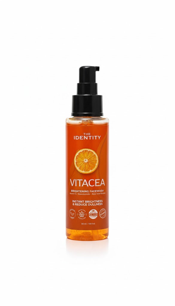 Vitacea Brightening Facewash by THE IDENTITY Vitamin C Brightening Facewash for Glow Tan Removal & Pigmentation Facewash – Vitacea Vitacea Facewash Front View – Brightening Cleanser Vitacea Glow Facewash for All Skin Types THE IDENTITY Vitacea Brightening Facewash Bottle Brightening Facewash with Niacinamide & Vitamin C Vitacea Facewash for Dark Spots & Uneven Skin Tone